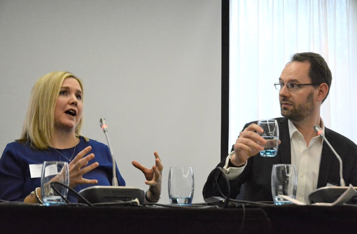 On a panel at the Opportunity 2018 Revenue Management 3:0 conference, InterContinental Hotels Group’s Shauna Campbell (left) told AccorHotels’ Russell Low that metrics are unlikely to gain traction in an industry focused on rooms revenue. (Photo: Terence Baker)